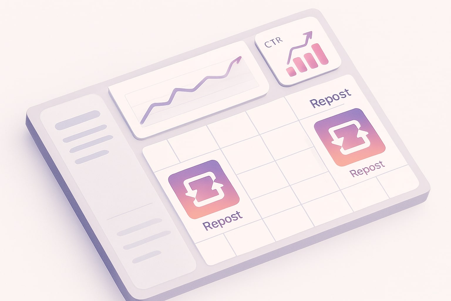 Kalender konten dan dashboard analitik menampilkan strategi repost Instagram yang terukur